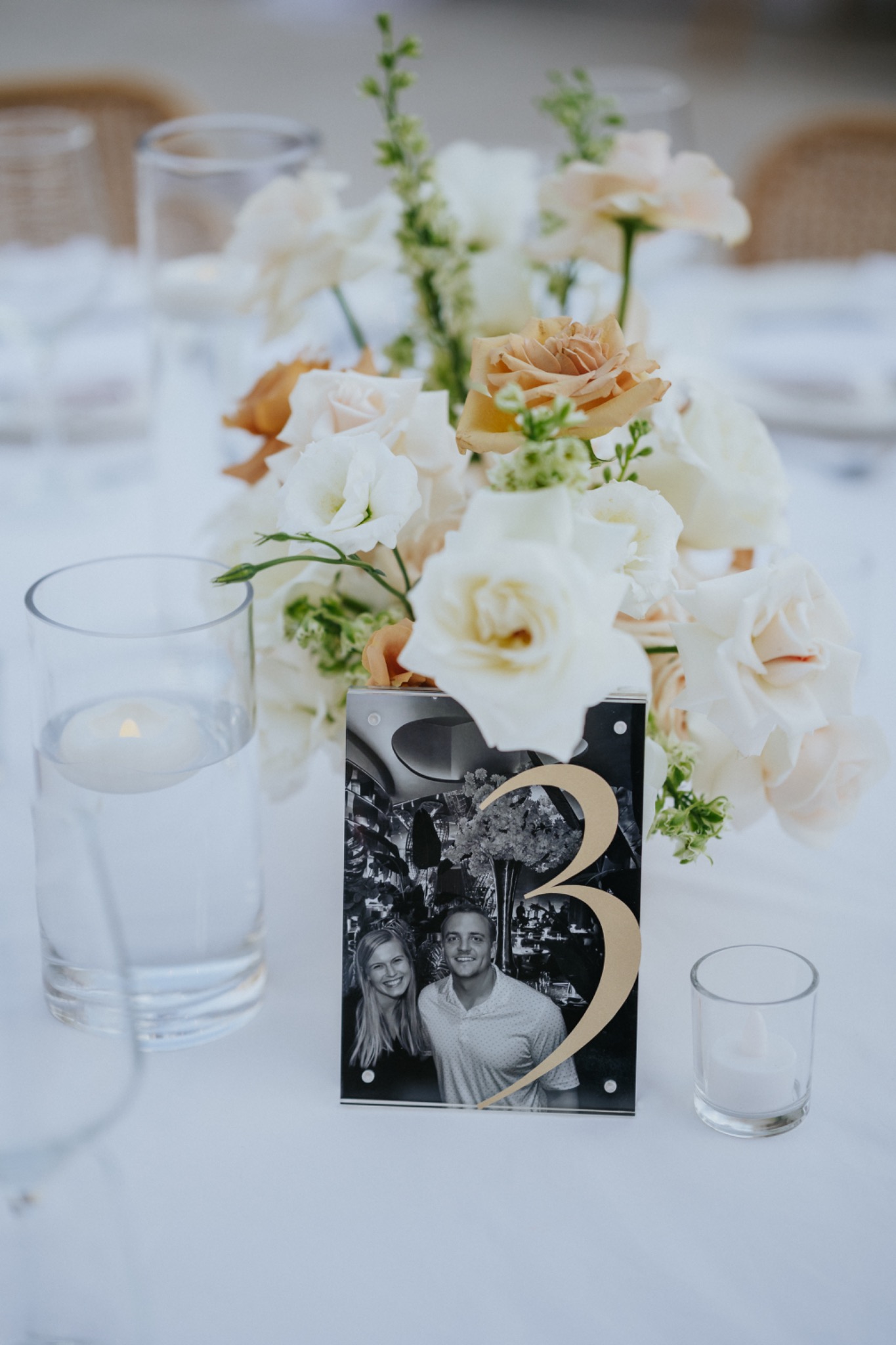 Custom photo table number with neutral florals